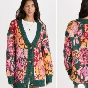 Free People Green and Pink Floral Cardigan Sweater